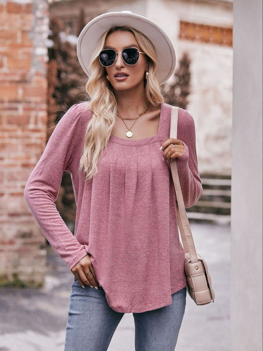 Double Take Pleated Detail Curved Hem Long Sleeve Top - Tantalize Boutique