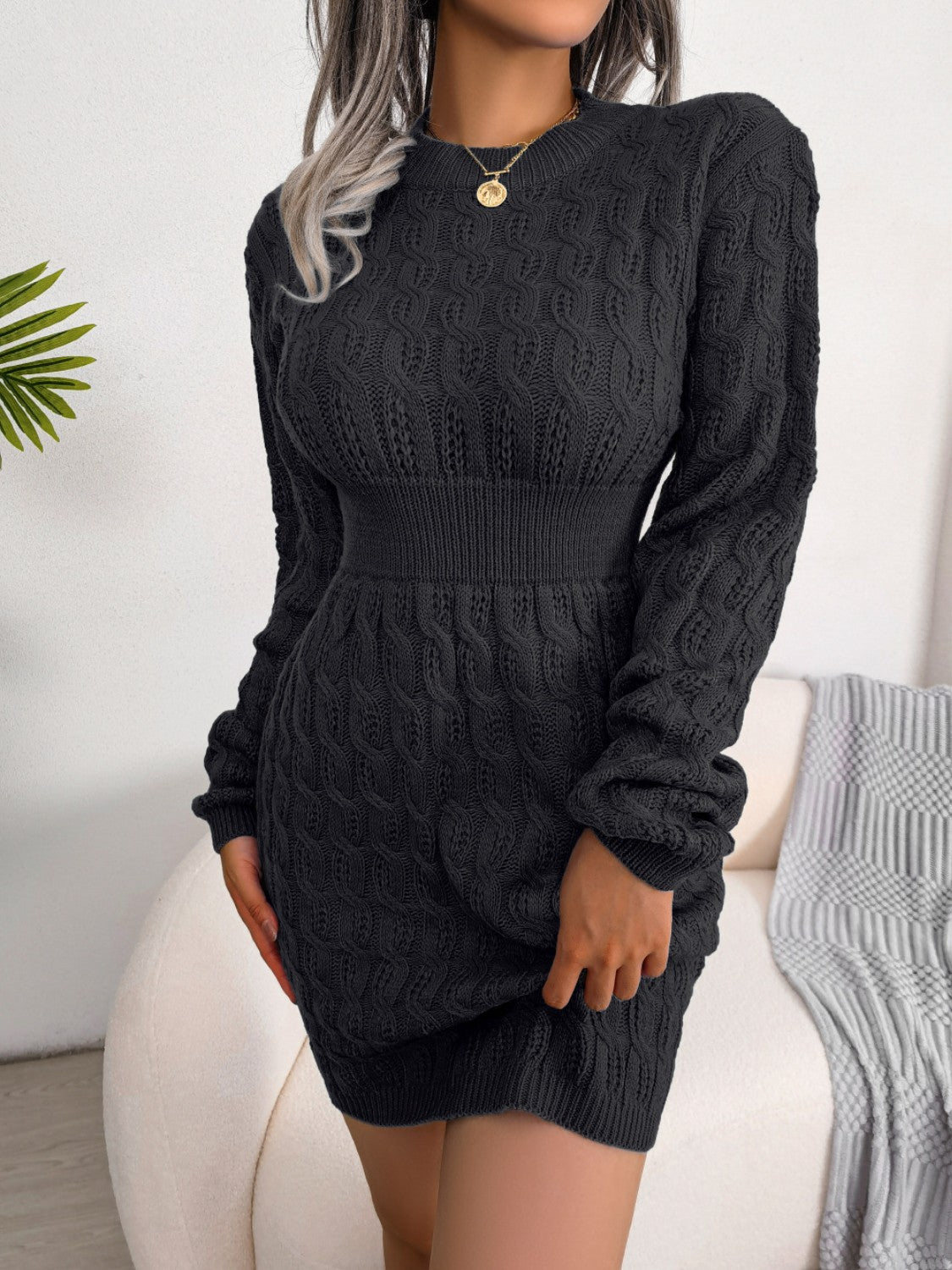 Cable-Knit Round Neck Mini Wrap Sweater Dress - Tantalize Boutique