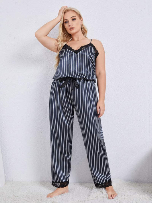 Plus Size Vertical Stripe Lace Trim Cami and Pants Pajama Set - Tantalize Boutique