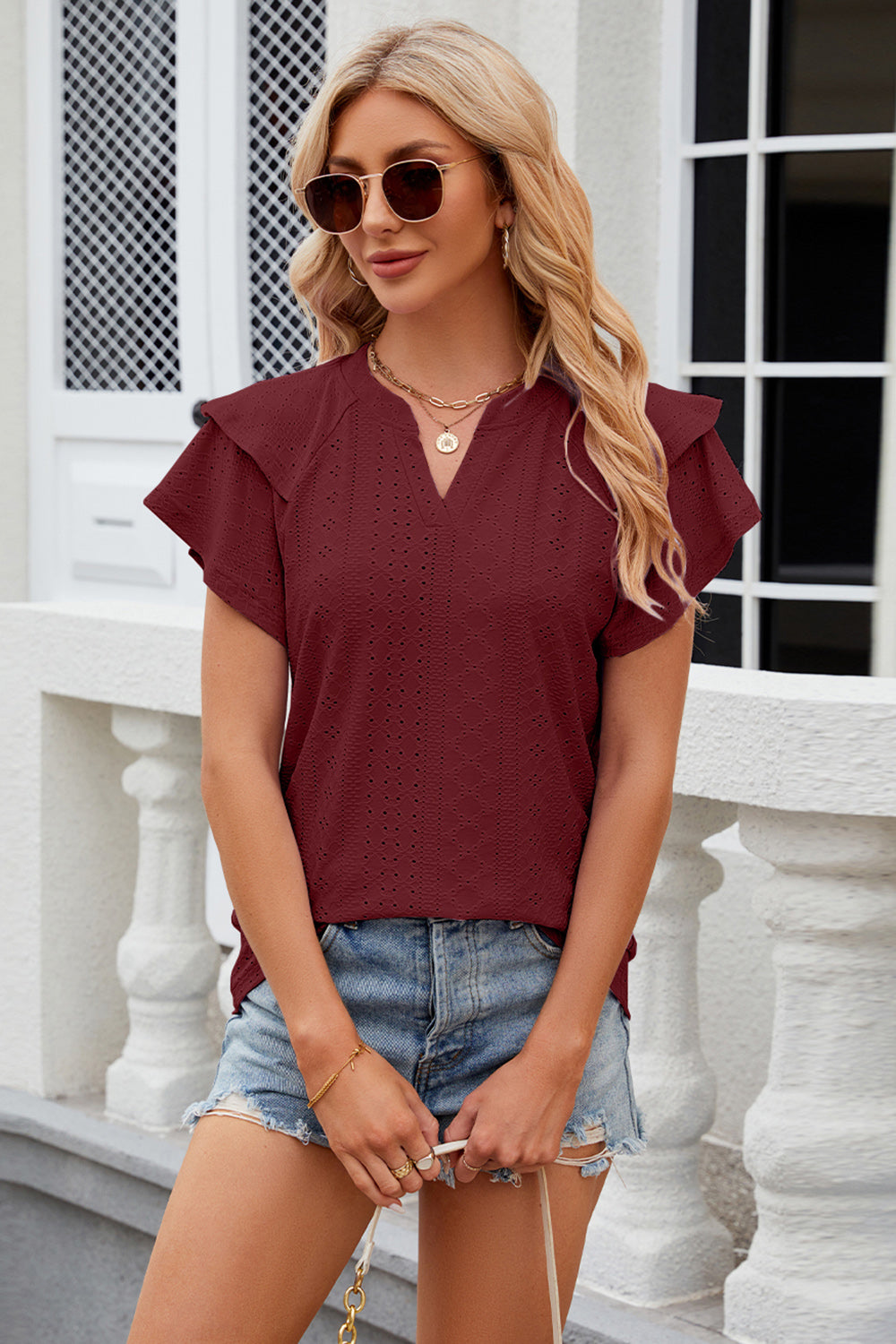 Eyelet Notched Short Sleeve T-Shirt - Tantalize Boutique
