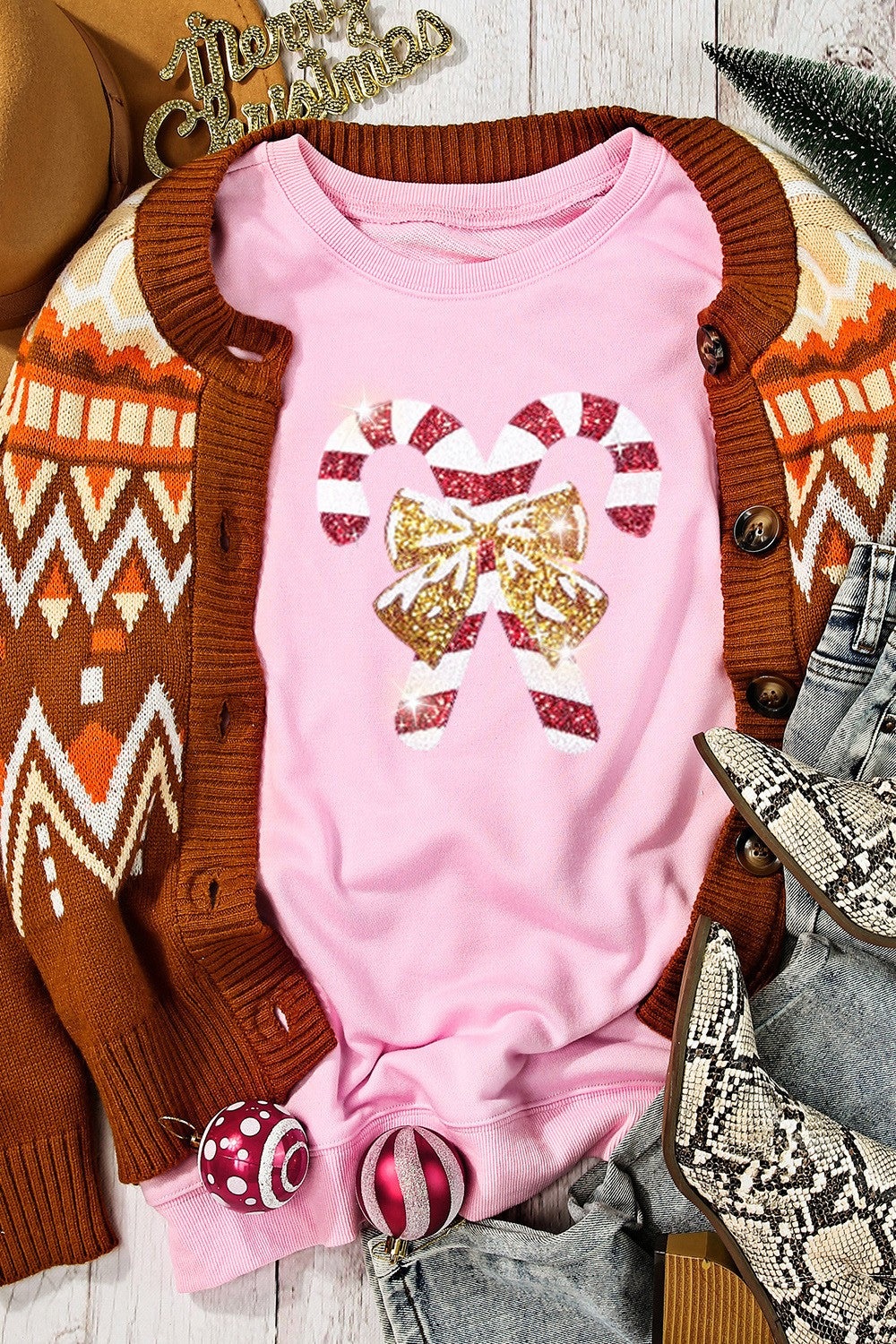 Candy Cane Sequin Dropped Shoulder Sweatshirt - Tantalize Boutique