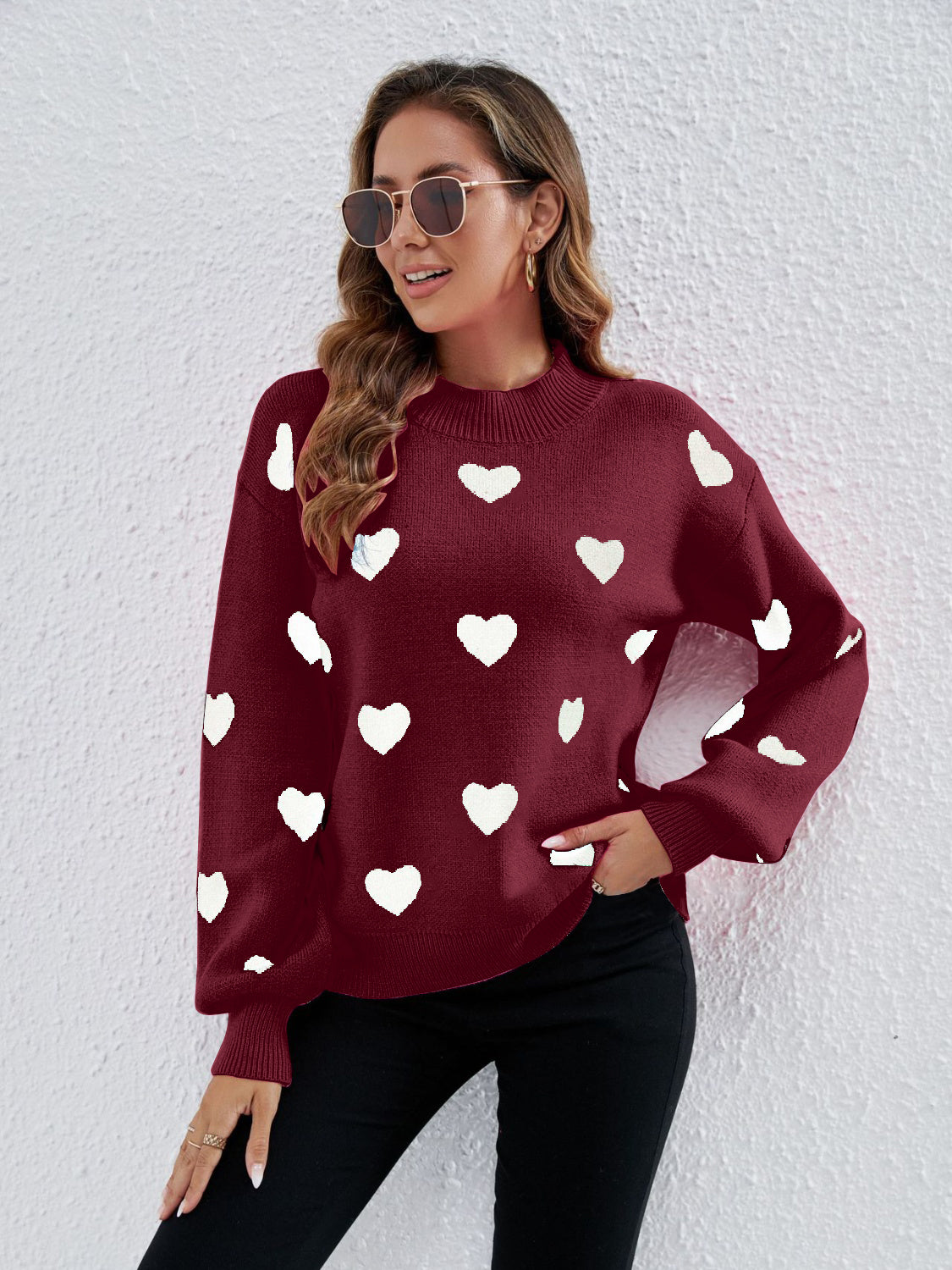 Heart Round Neck Dropped Shoulder Sweater - Tantalize Boutique