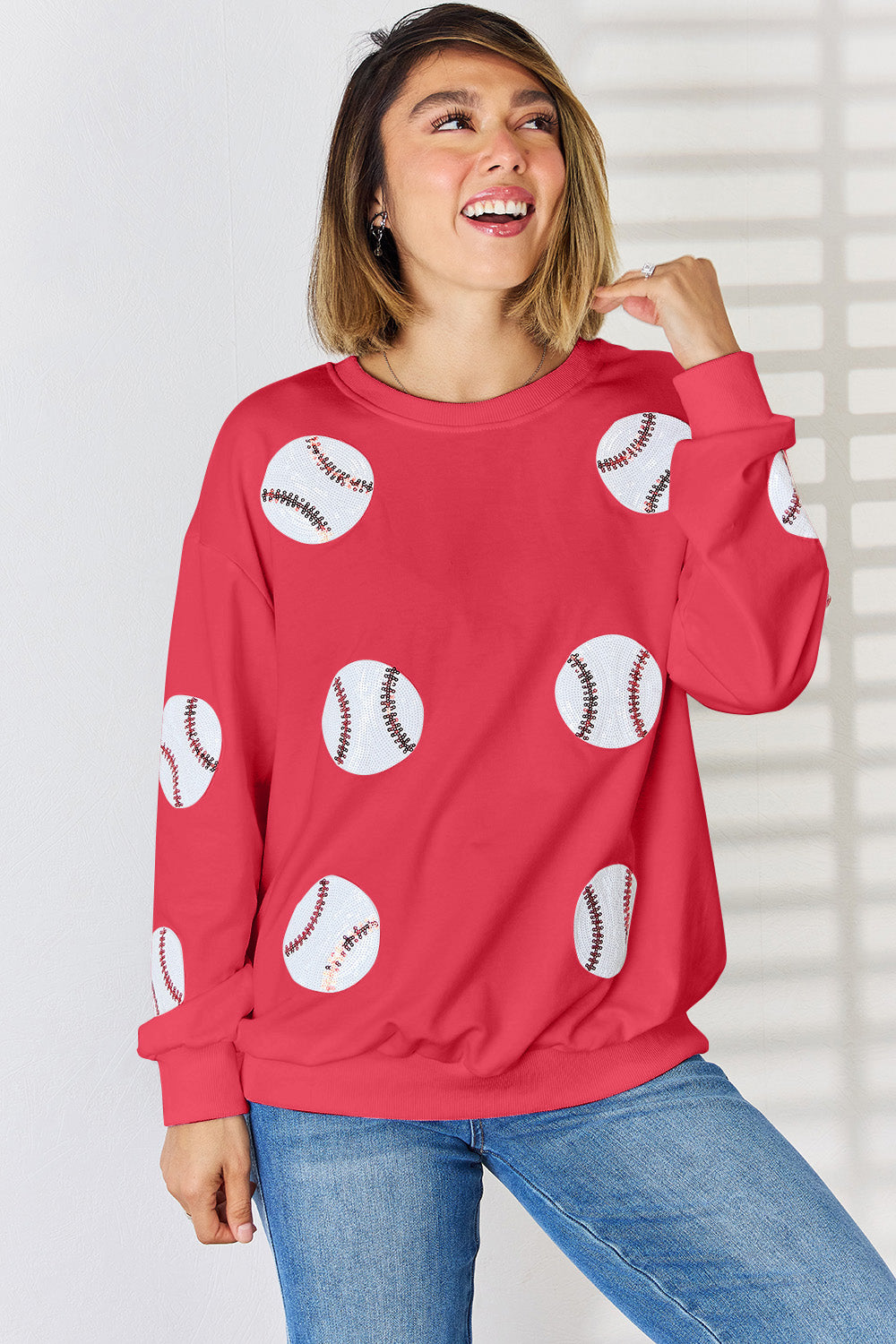 Sequin Ball Round Neck Dropped Shoulder Sweatshirt - Tantalize Boutique