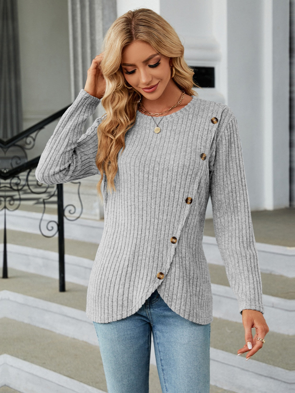 Round Neck Long Sleeve Blouse - Tantalize Boutique