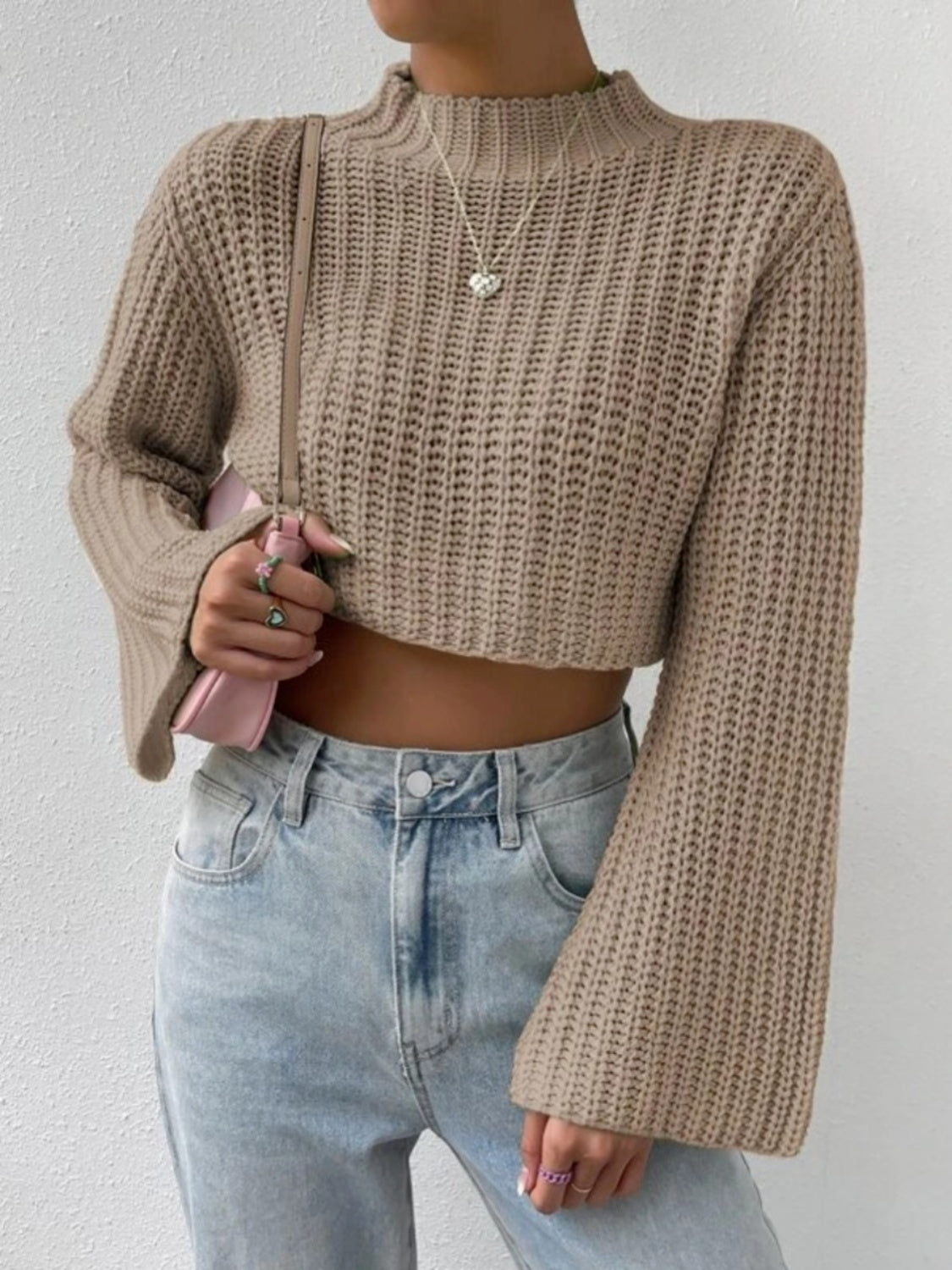 Mock Neck Long Sleeve Cropped Sweater - Tantalize Boutique