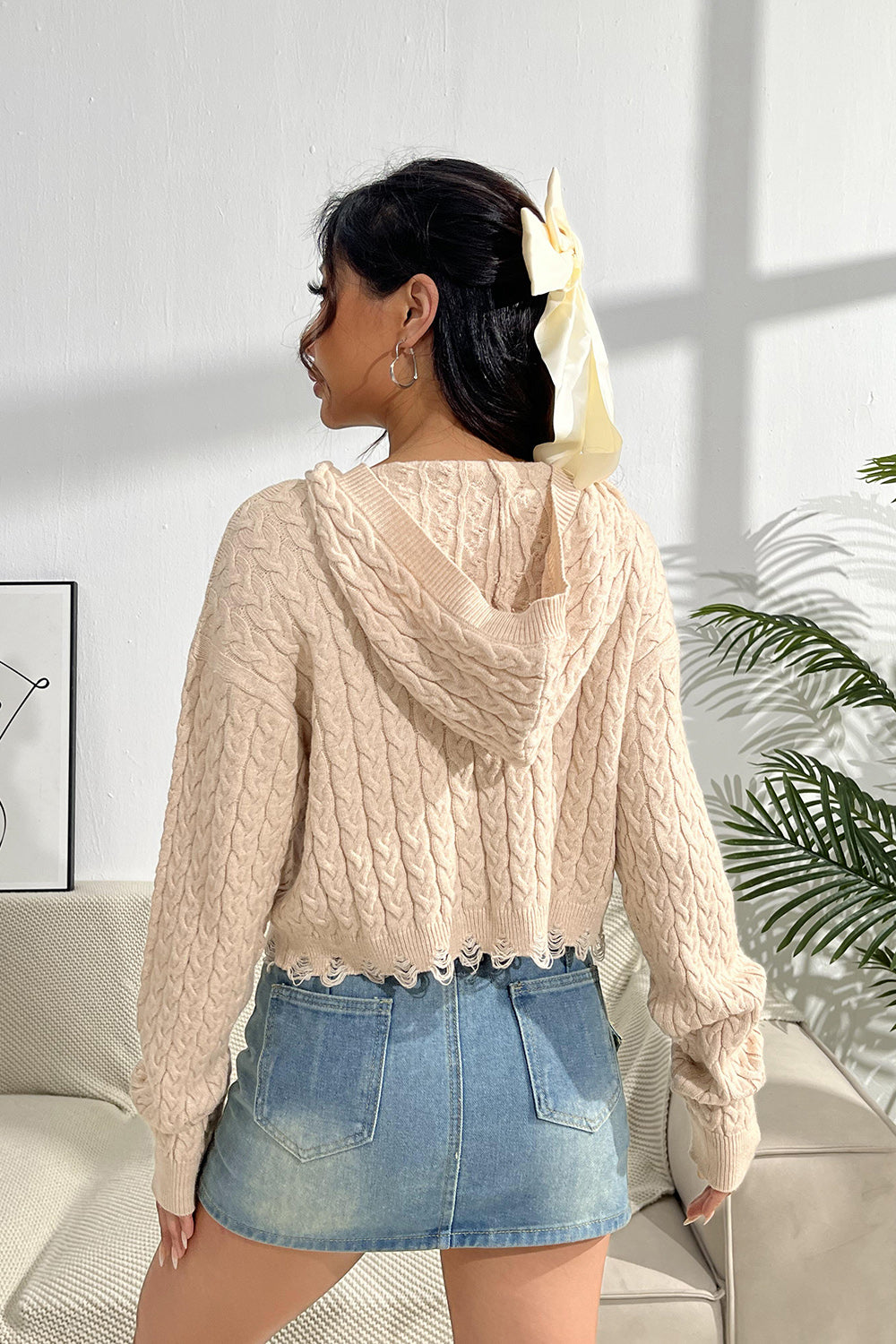Cable-Knit Dropped Shoulder Hooded Sweater - Tantalize Boutique
