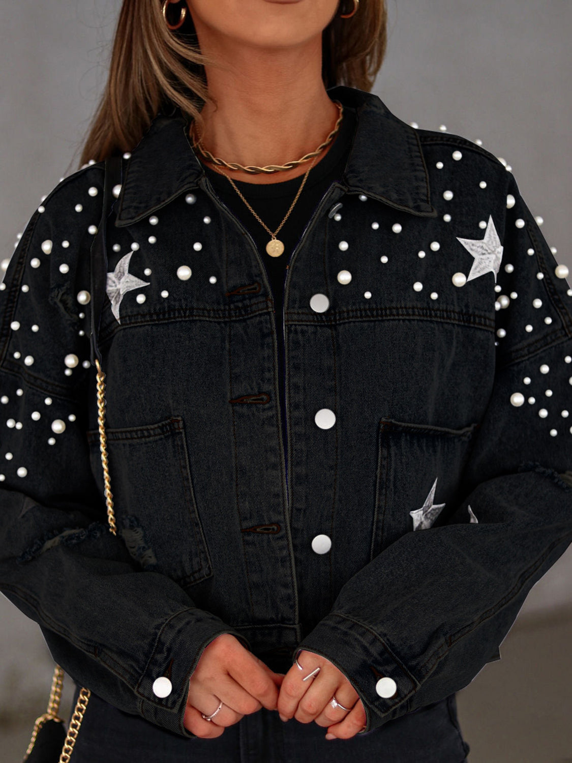 Pearl Trim Button Up Denim Jacket with Pockets - Tantalize Boutique