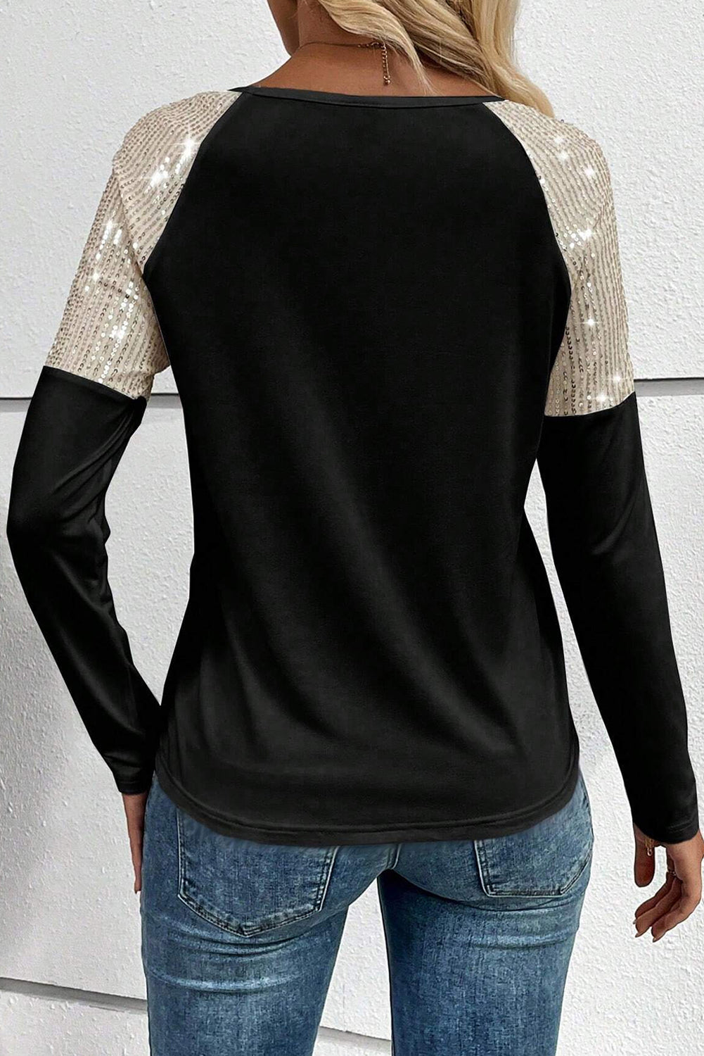 Sequin Round Neck Long Sleeve T-Shirt - Tantalize Boutique
