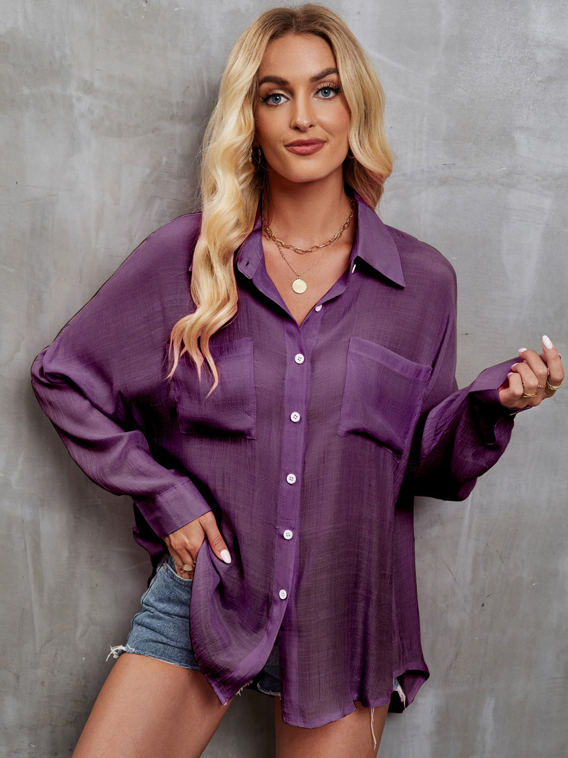 Pocketed Button Up Long Sleeve Shirt - Tantalize Boutique