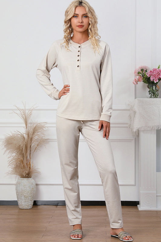 Half Button Round Neck Top and Drawstring Pants Lounge Set - Tantalize Boutique