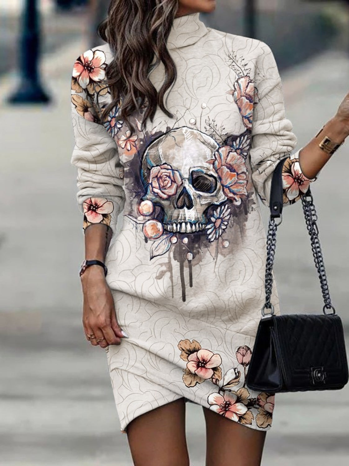 Printed Turtleneck Long Sleeve Mini Dress - Tantalize Boutique