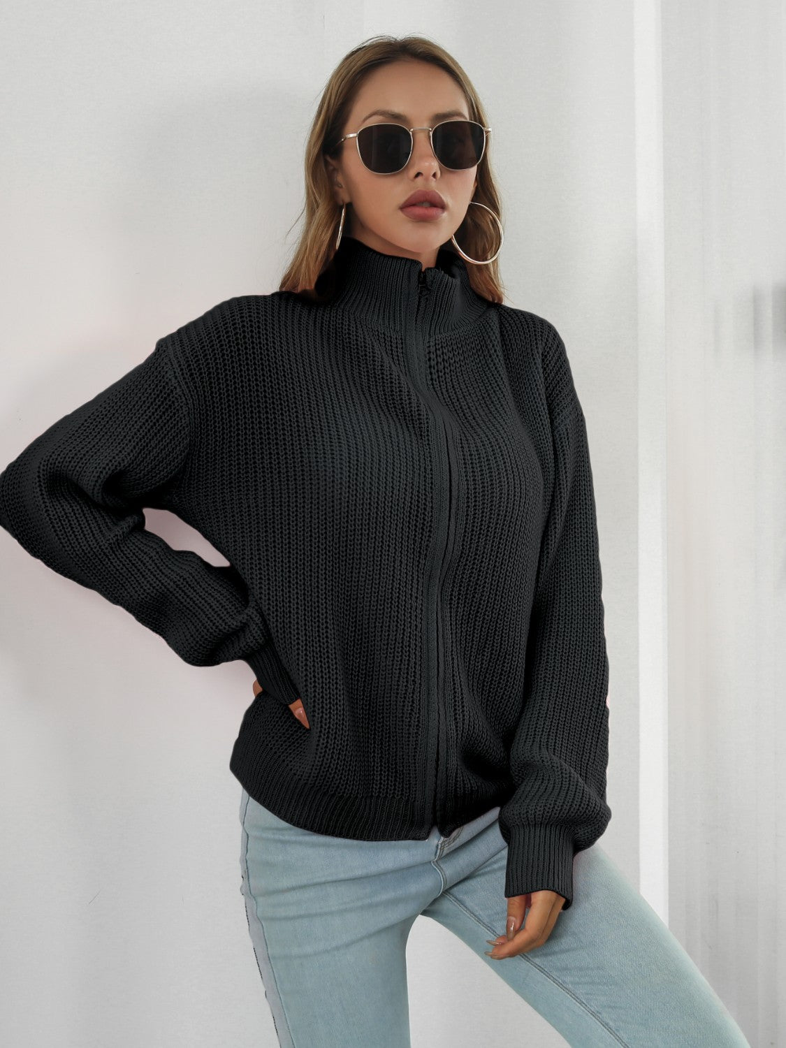 Turtleneck Zip Up Long Sleeve Knit Top - Tantalize Boutique