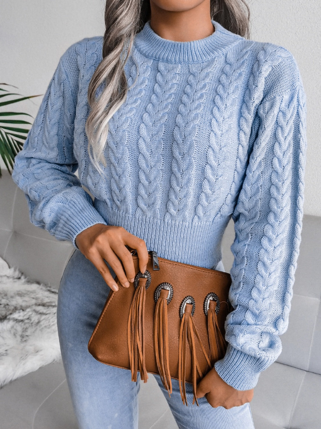 Cable-Knit Round Neck Sweater - Tantalize Boutique