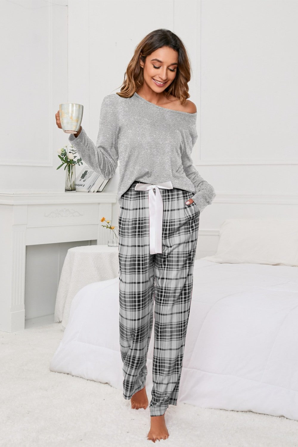 Round Neck Long Sleeve Top and Bow Plaid Pants Lounge Set - Tantalize Boutique