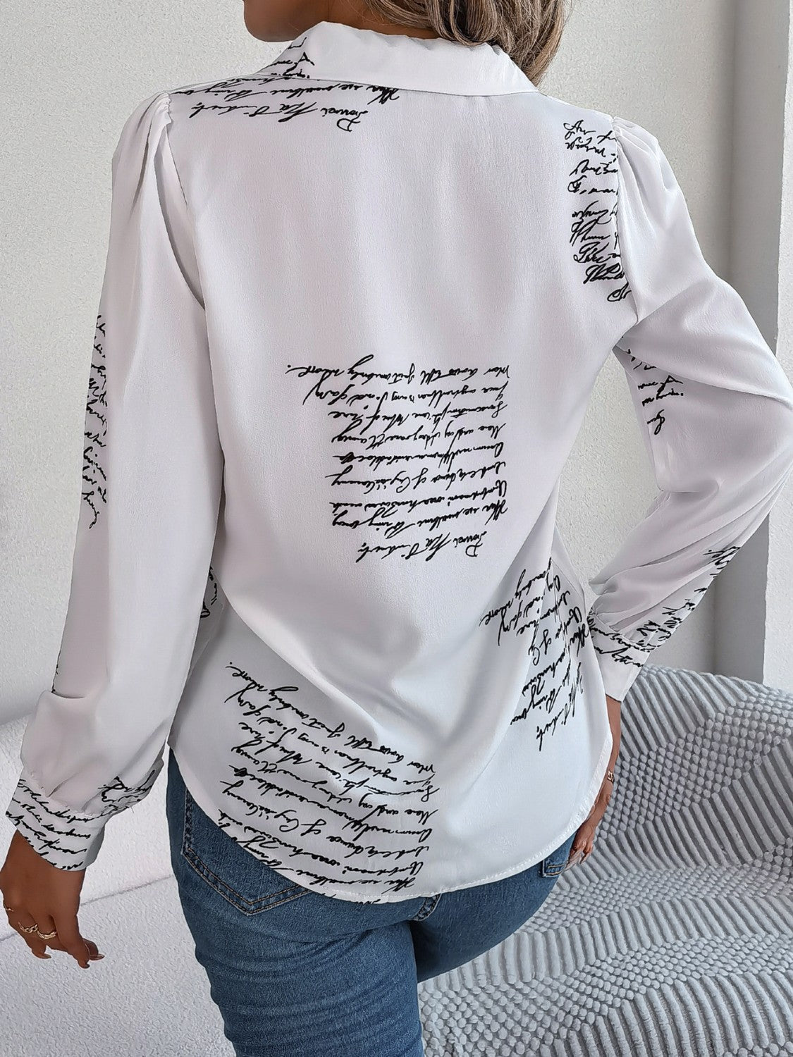 Letter Printed Button Up Long Sleeve Blouse - Tantalize Boutique