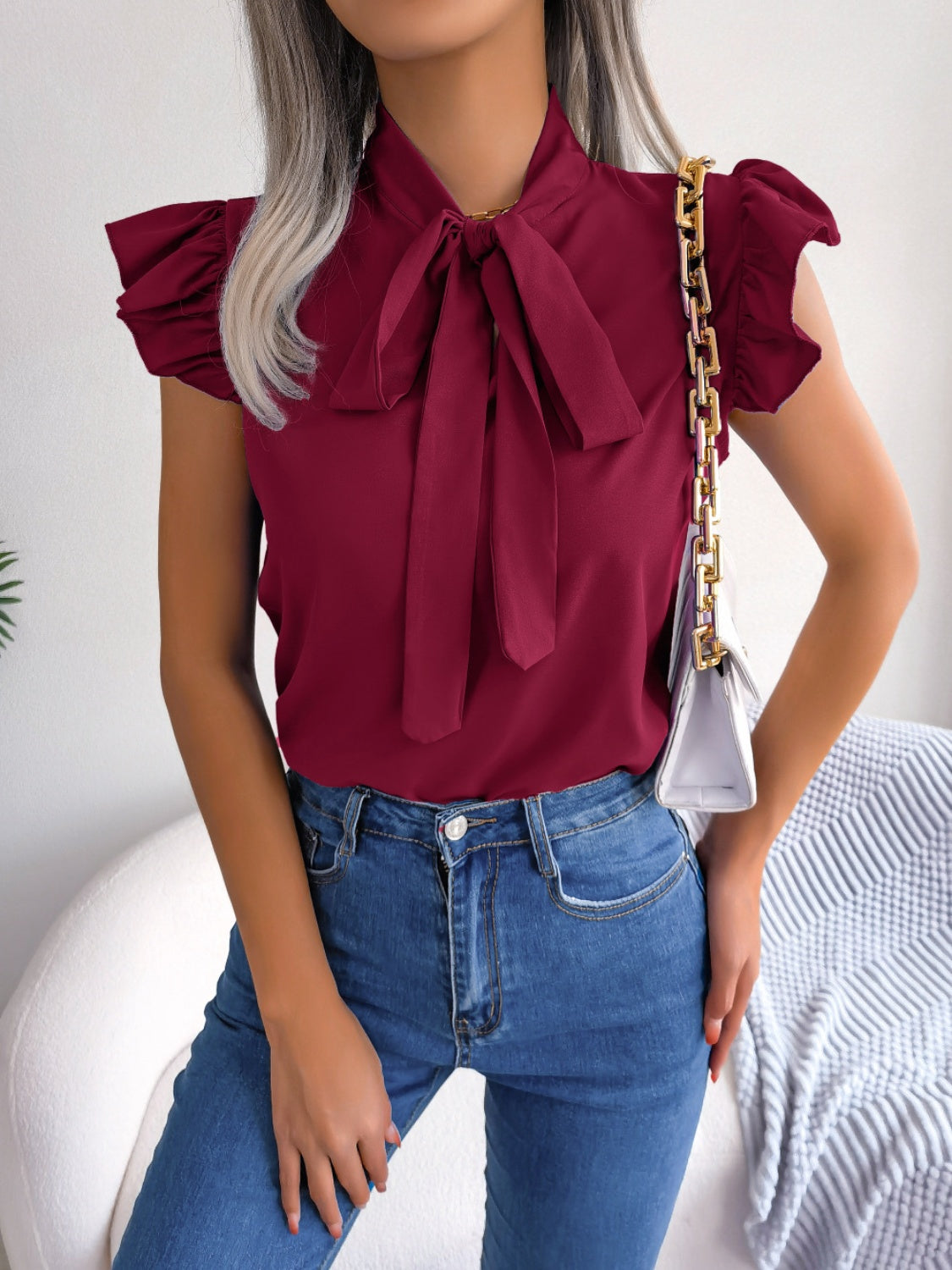 Tie  Neck Cap Sleeve Blouse - Tantalize Boutique
