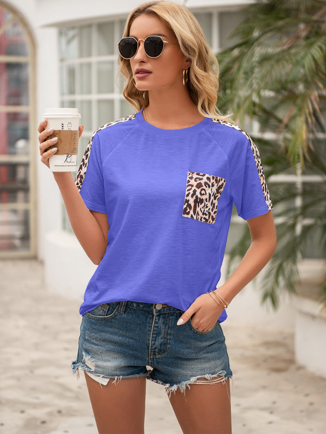 Pocketed Leopard Round Neck Short Sleeve T-Shirt - Tantalize Boutique