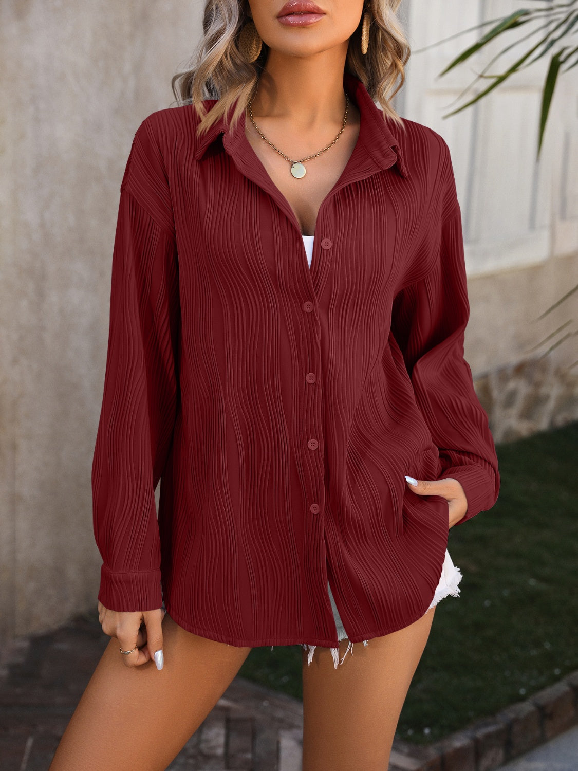 Button Up Dropped Shoulder Shirt - Tantalize Boutique