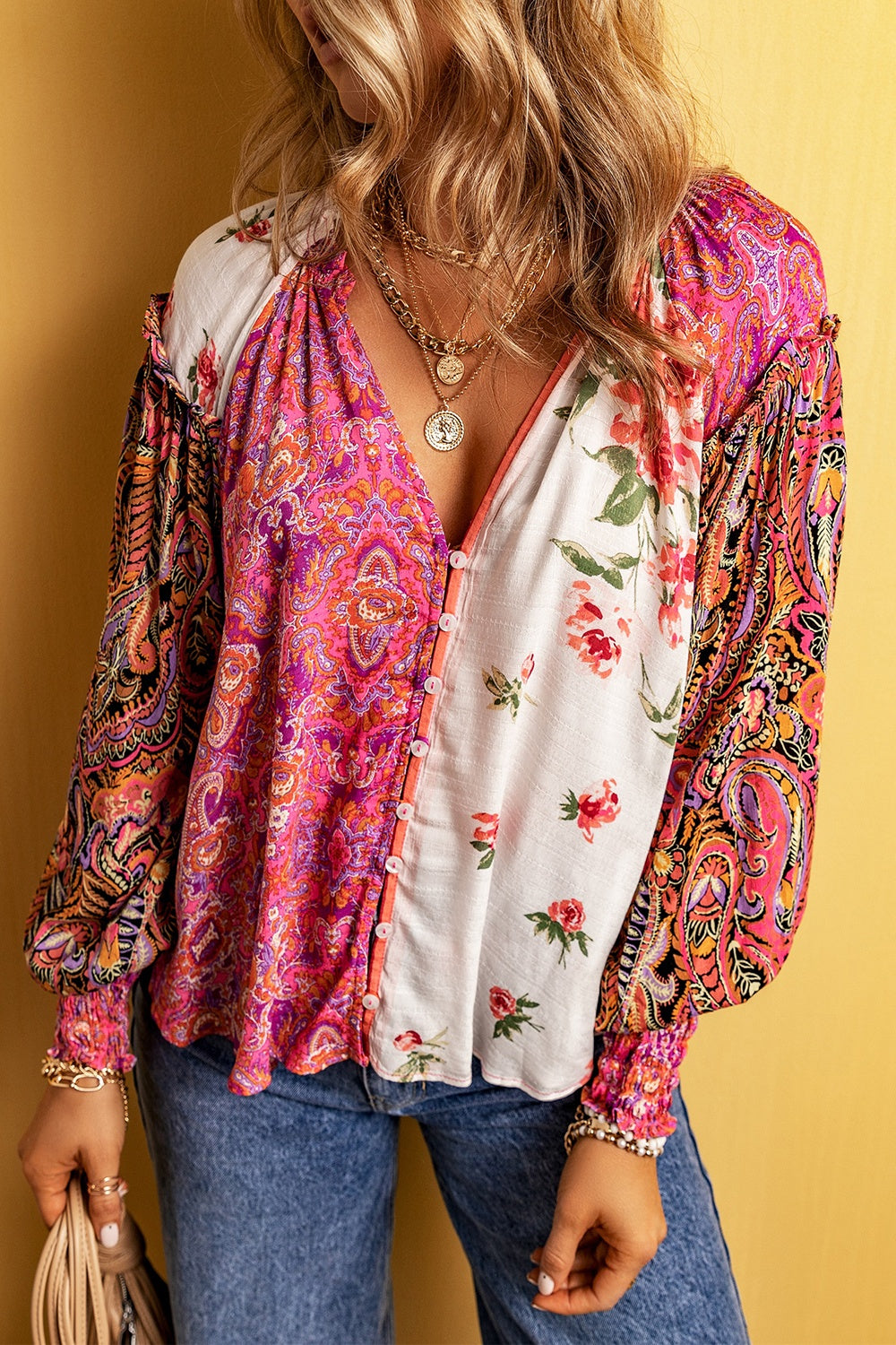 Plus Size Frill Printed V-Neck Long Sleeve Blouse - Tantalize Boutique