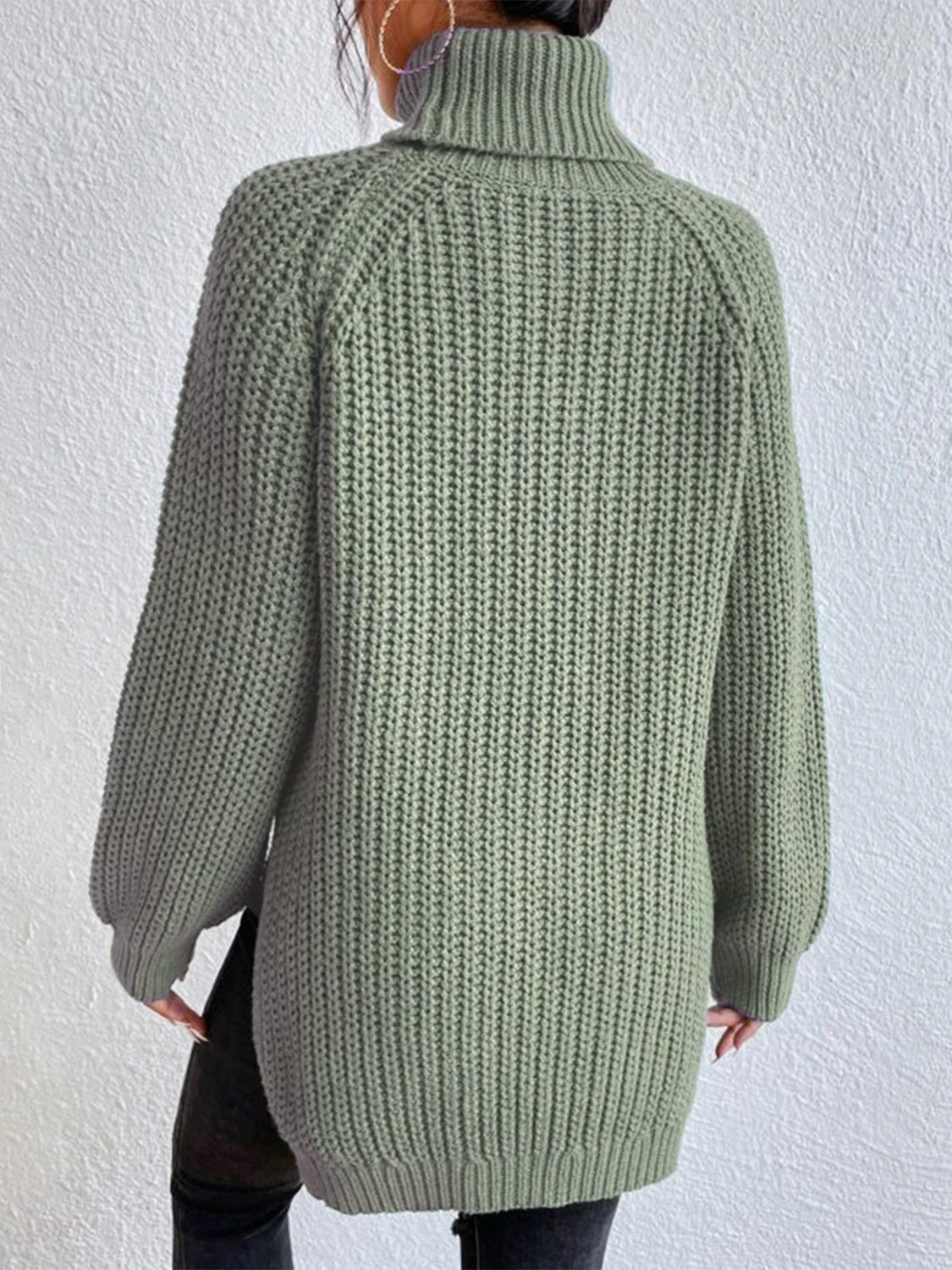 Full Size Turtleneck Rib-Knit Slit Sweater - Tantalize Boutique