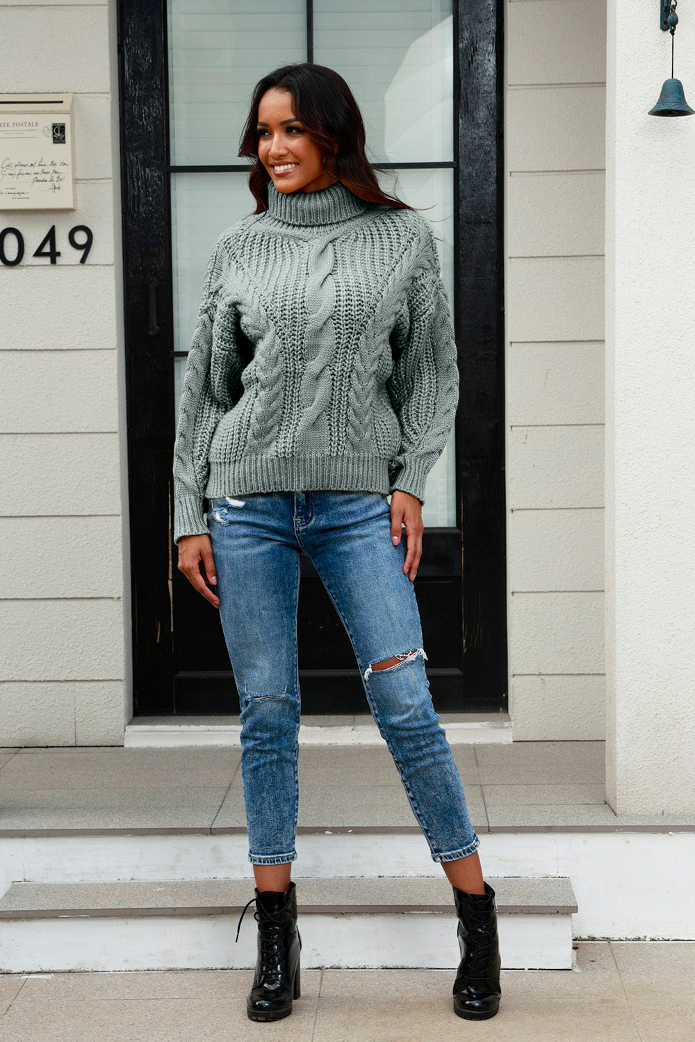 Cable-Knit Turtleneck Long Sleeve Sweater - Tantalize Boutique