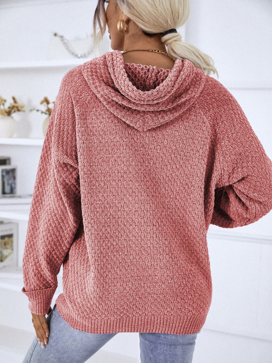 Texture Drawstring Long Sleeve Hooded Sweater - Tantalize Boutique