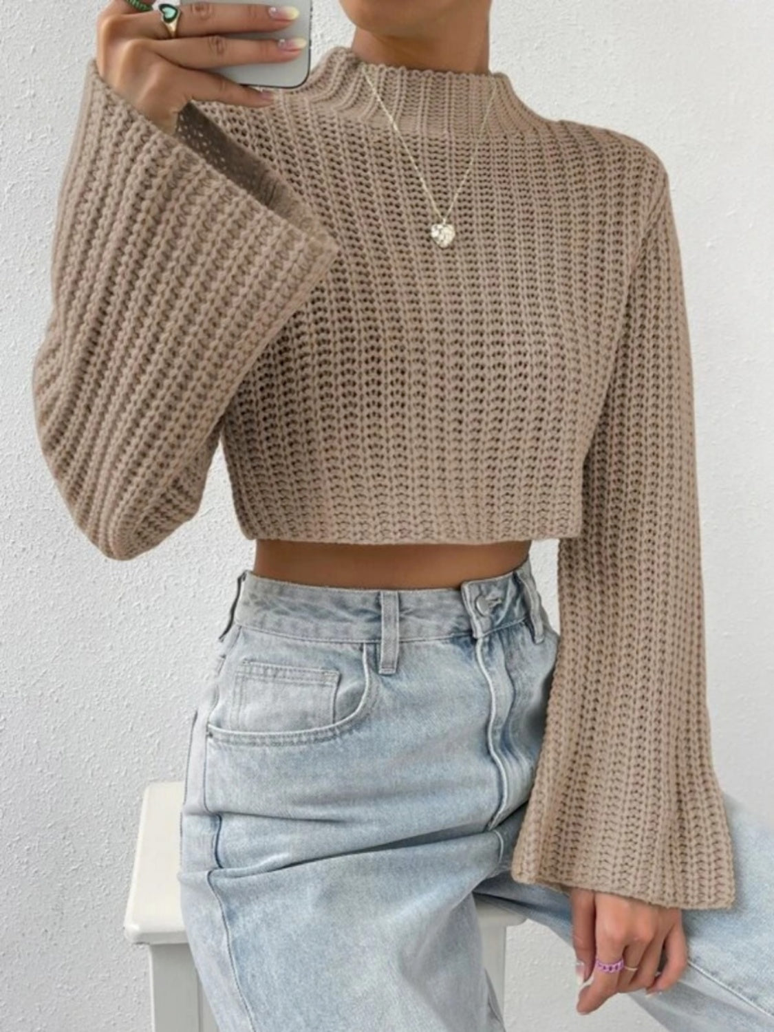Mock Neck Long Sleeve Cropped Sweater - Tantalize Boutique