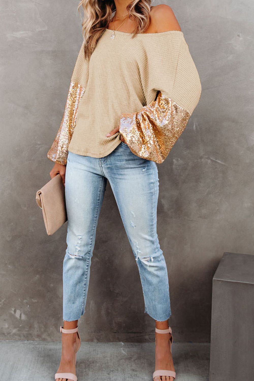 Sequin Waffle-Knit Blouse - Tantalize Boutique