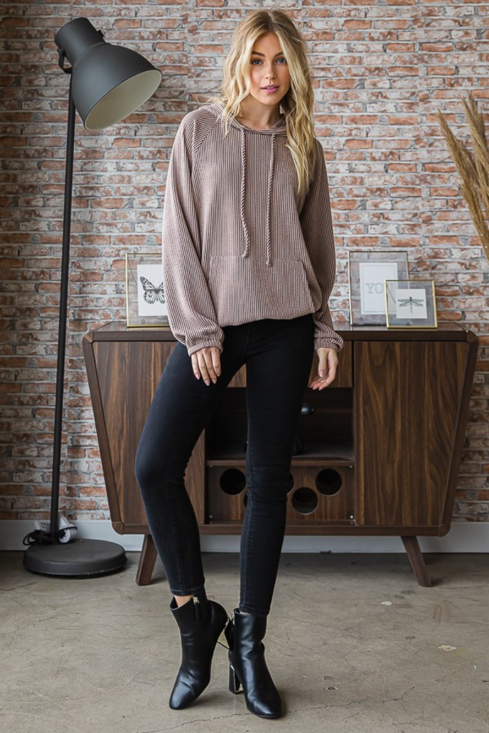 Heimish Full Size Ribbed Drawstring Kangaroo Pocket Hoodie - Tantalize Boutique