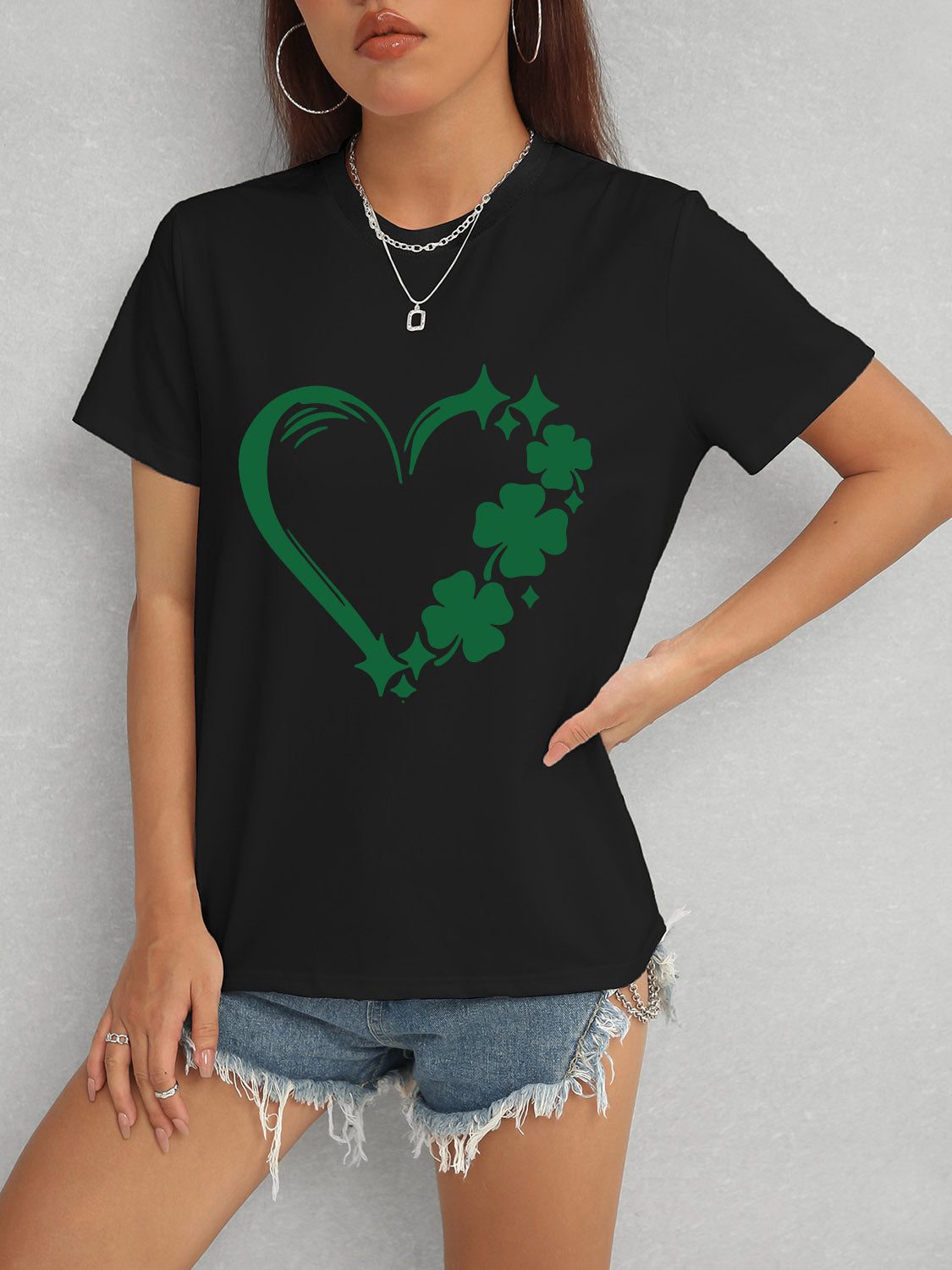 Heart Lucky Clover Round Neck Short Sleeve T-Shirt - Tantalize Boutique