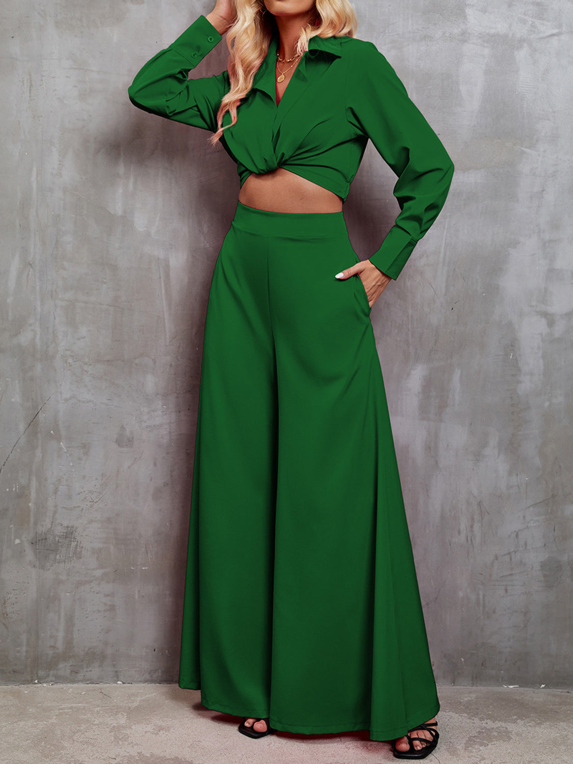 Collared Neck Long Sleeve Top and Wide Leg Pants Set - Tantalize Boutique