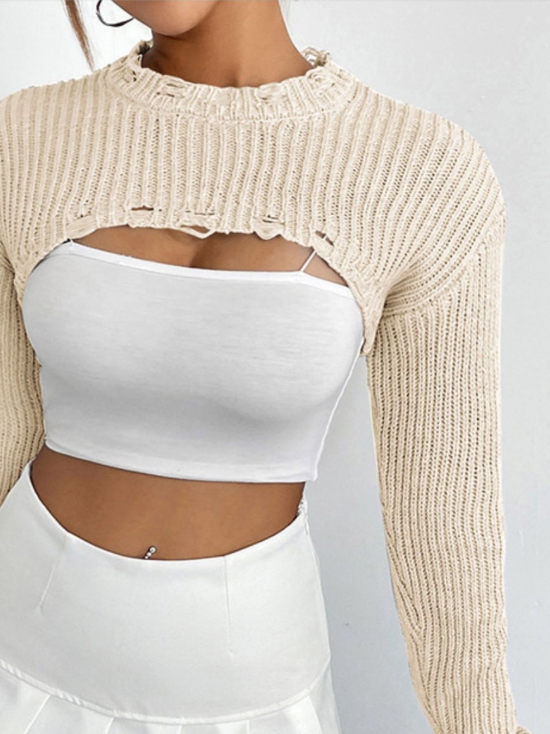 Distressed Long Sleeve Cropped Sweater - Tantalize Boutique