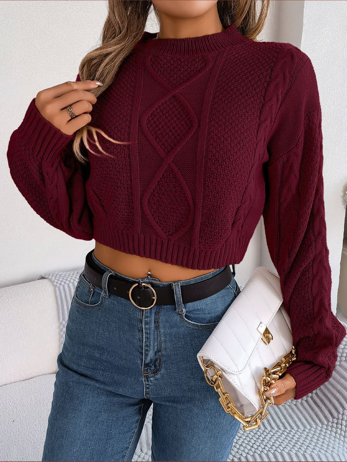 Cable-Knit Round Neck Cropped Sweater - Tantalize Boutique