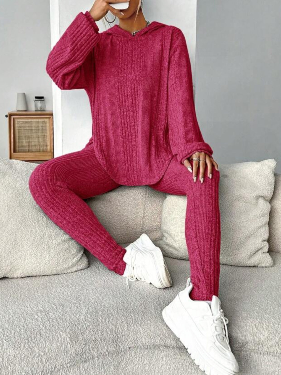 Round Neck Dropped Shoulder Hoodie and Pants Set - Tantalize Boutique