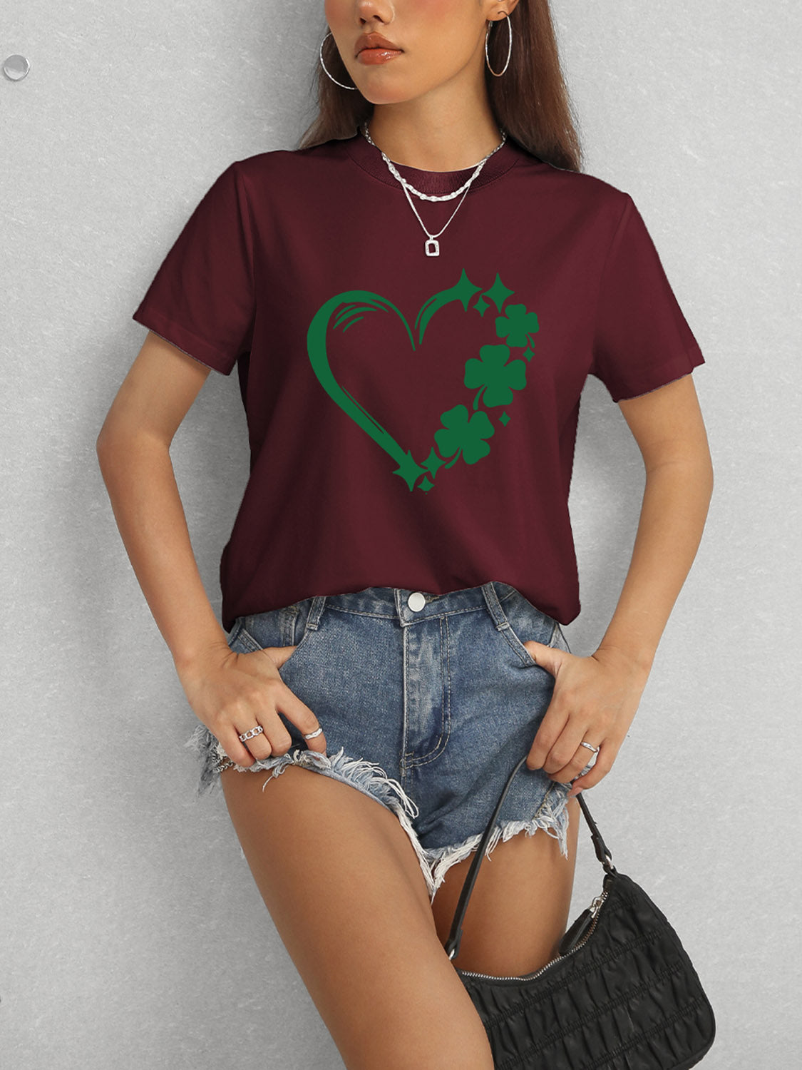 Heart Lucky Clover Round Neck Short Sleeve T-Shirt - Tantalize Boutique