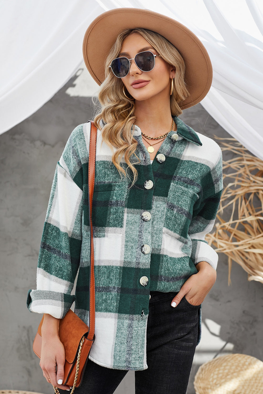 Plaid Button Up Dropped Shoulder Jacket - Tantalize Boutique