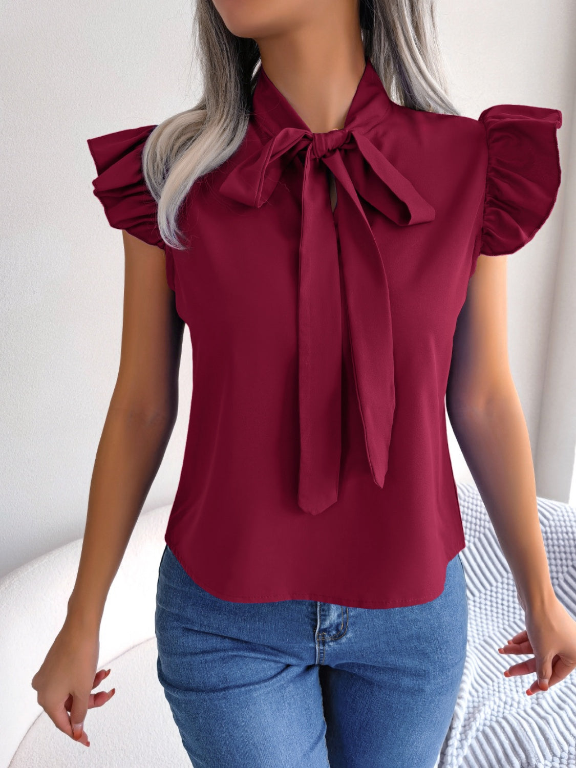 Tie  Neck Cap Sleeve Blouse - Tantalize Boutique
