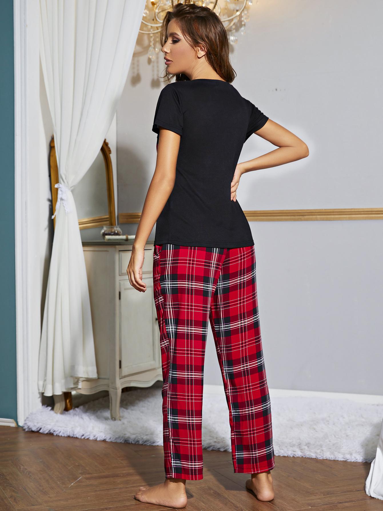 Heart Graphic V-Neck Top and Plaid Pants Lounge Set - Tantalize Boutique