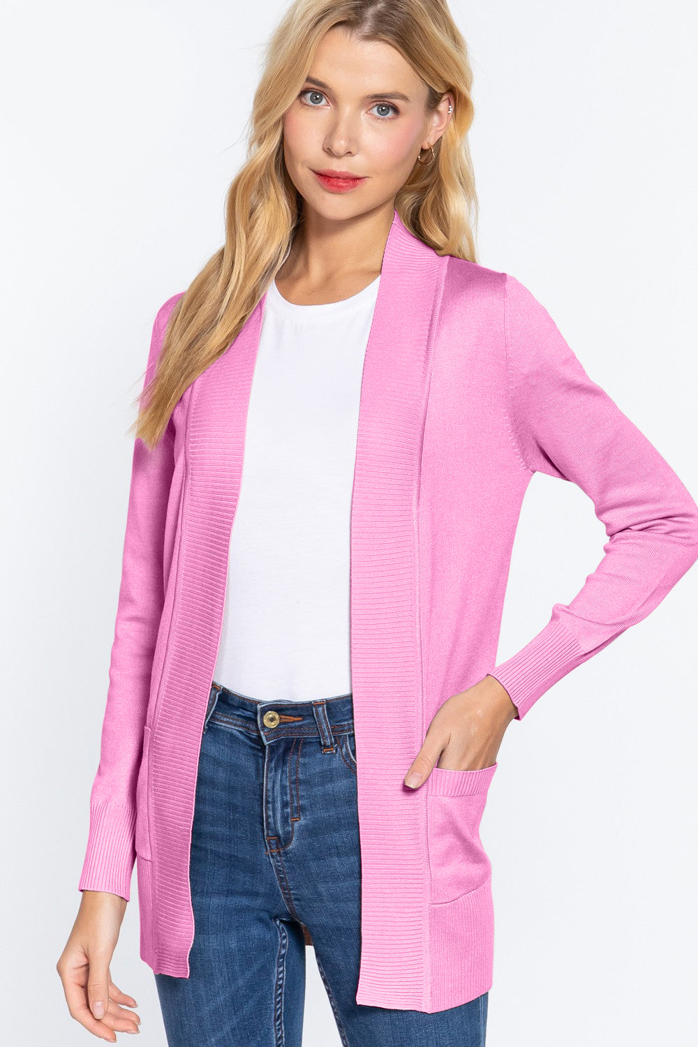 ACTIVE BASIC Ribbed Trim Open Front Cardigan - Tantalize Boutique