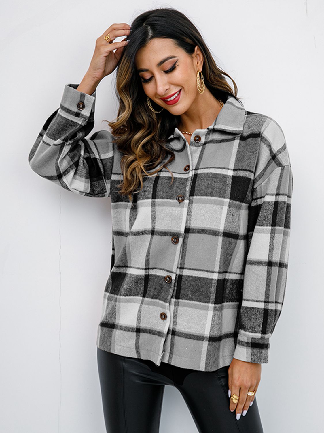 Plaid Button Up Collared Neck Jacket - Tantalize Boutique