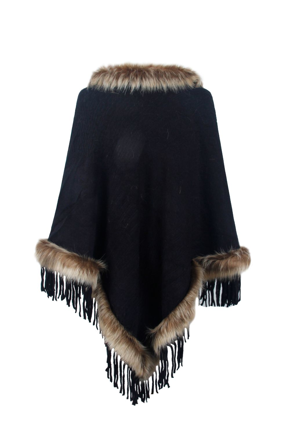 Faux Fur Trim Fringed Poncho - Tantalize Boutique