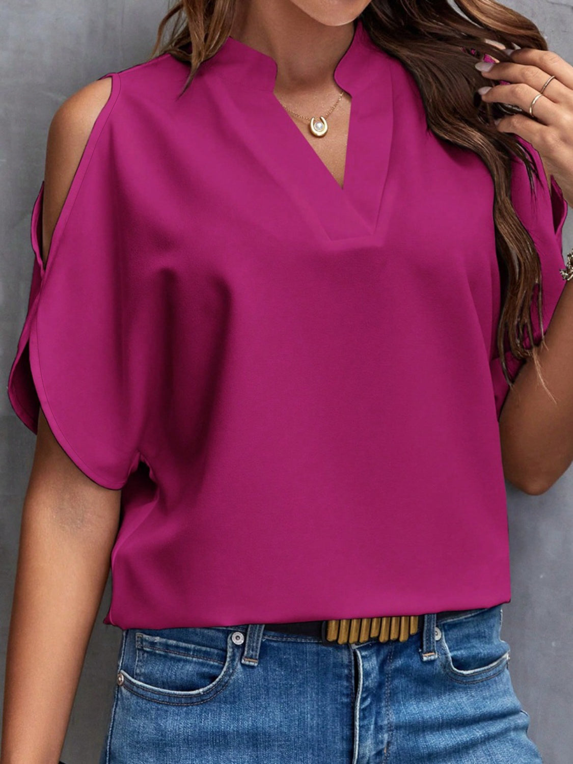 Notched Cold Shoulder Blouse - Tantalize Boutique