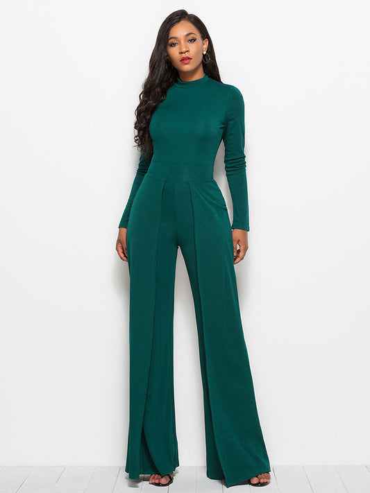 Long Sleeve Mock Neck Wide Leg Jumpsuit - Tantalize Boutique