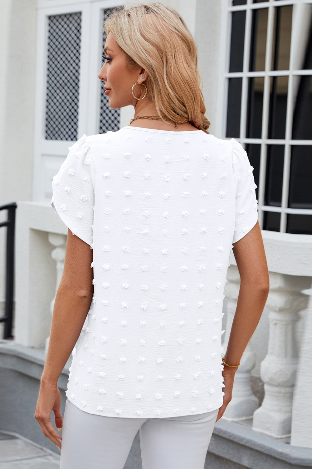 Swiss Dot Round Neck Short Sleeve T-Shirt - Tantalize Boutique