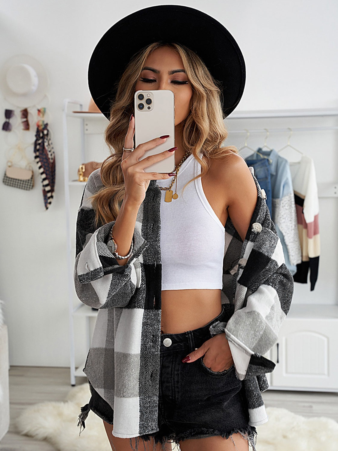 Plaid Button Up Dropped Shoulder Jacket - Tantalize Boutique