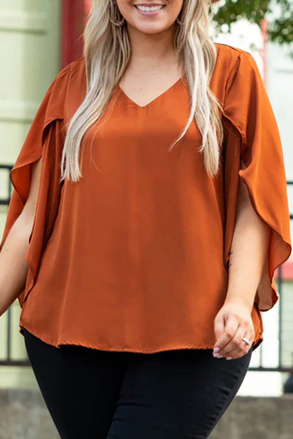 Plus Size V-Neck Petal Sleeve Blouse - Tantalize Boutique
