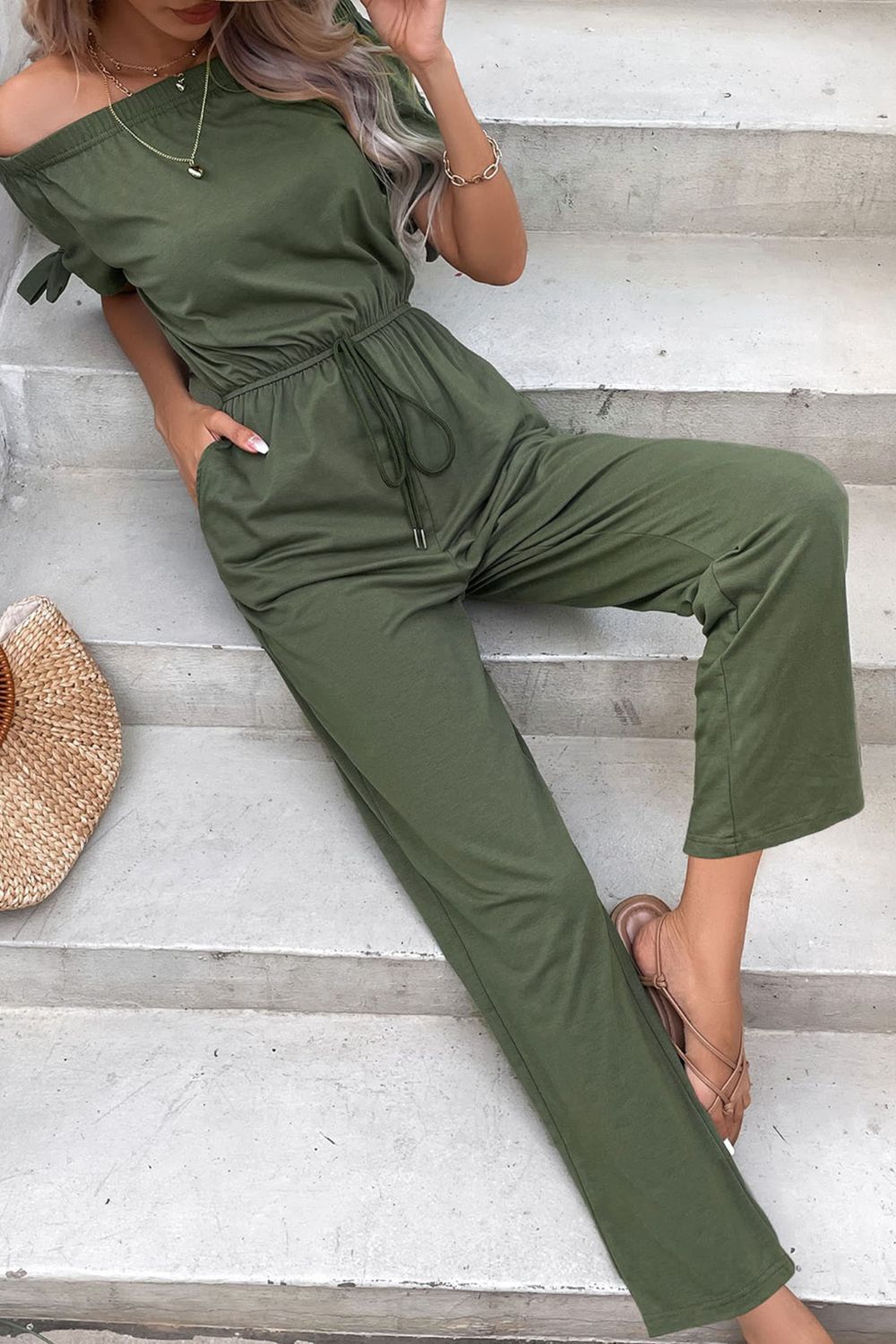 Off-Shoulder Tie Cuff Jumpsuit with Pockets - Tantalize Boutique