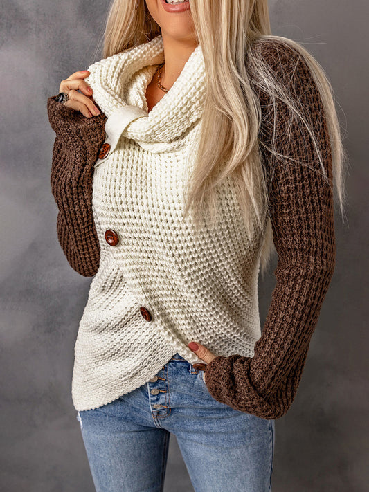 Contrast Decorative Button Turtleneck Sweater - Tantalize Boutique