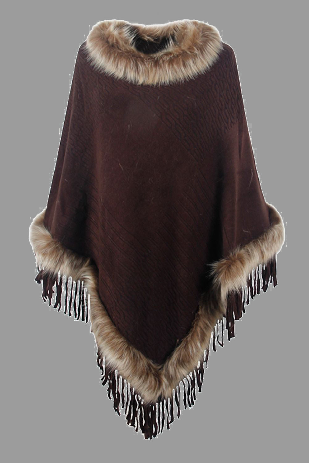 Faux Fur Trim Fringed Poncho - Tantalize Boutique