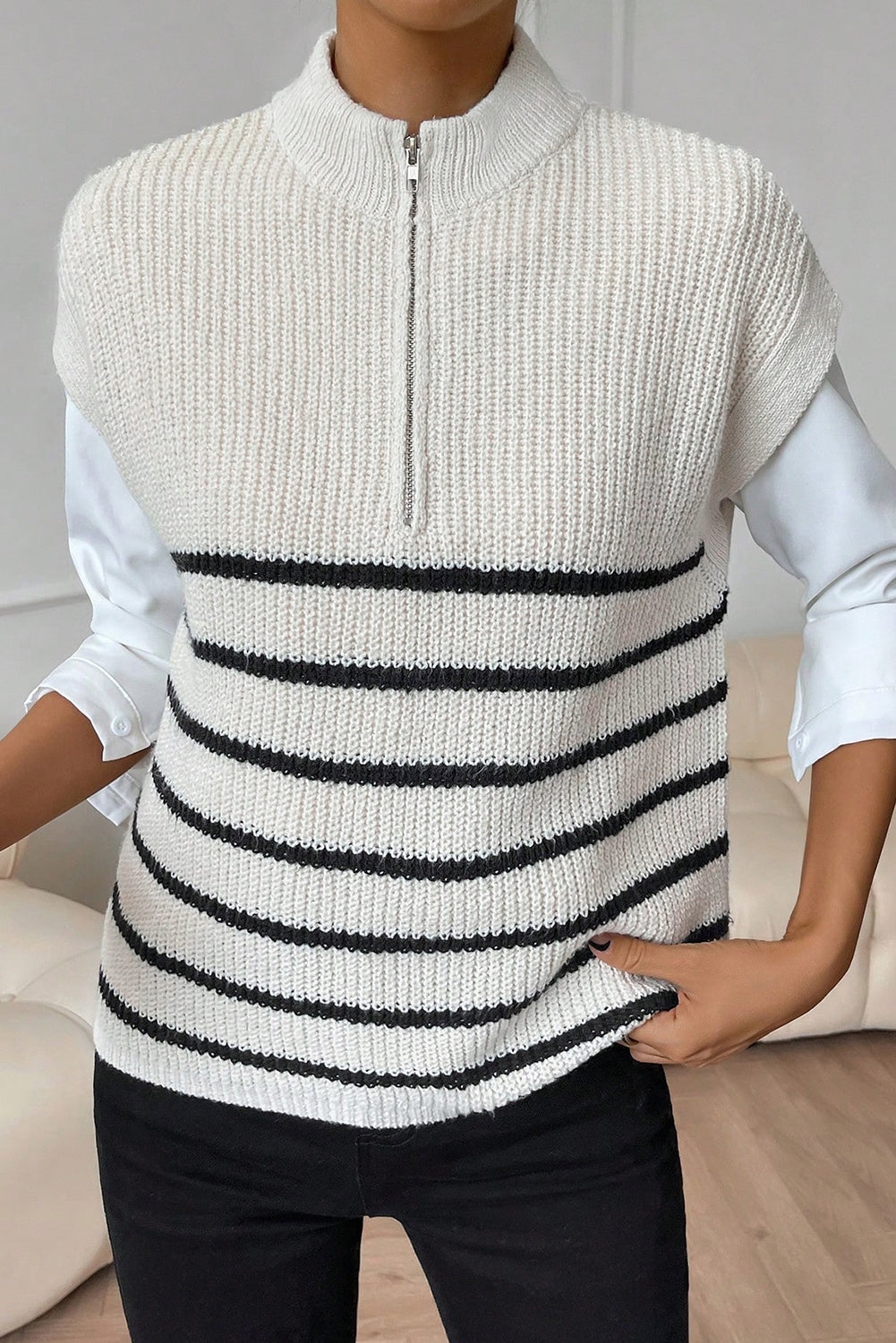 Striped Mock Neck Half Zip Sweater Vest - Tantalize Boutique